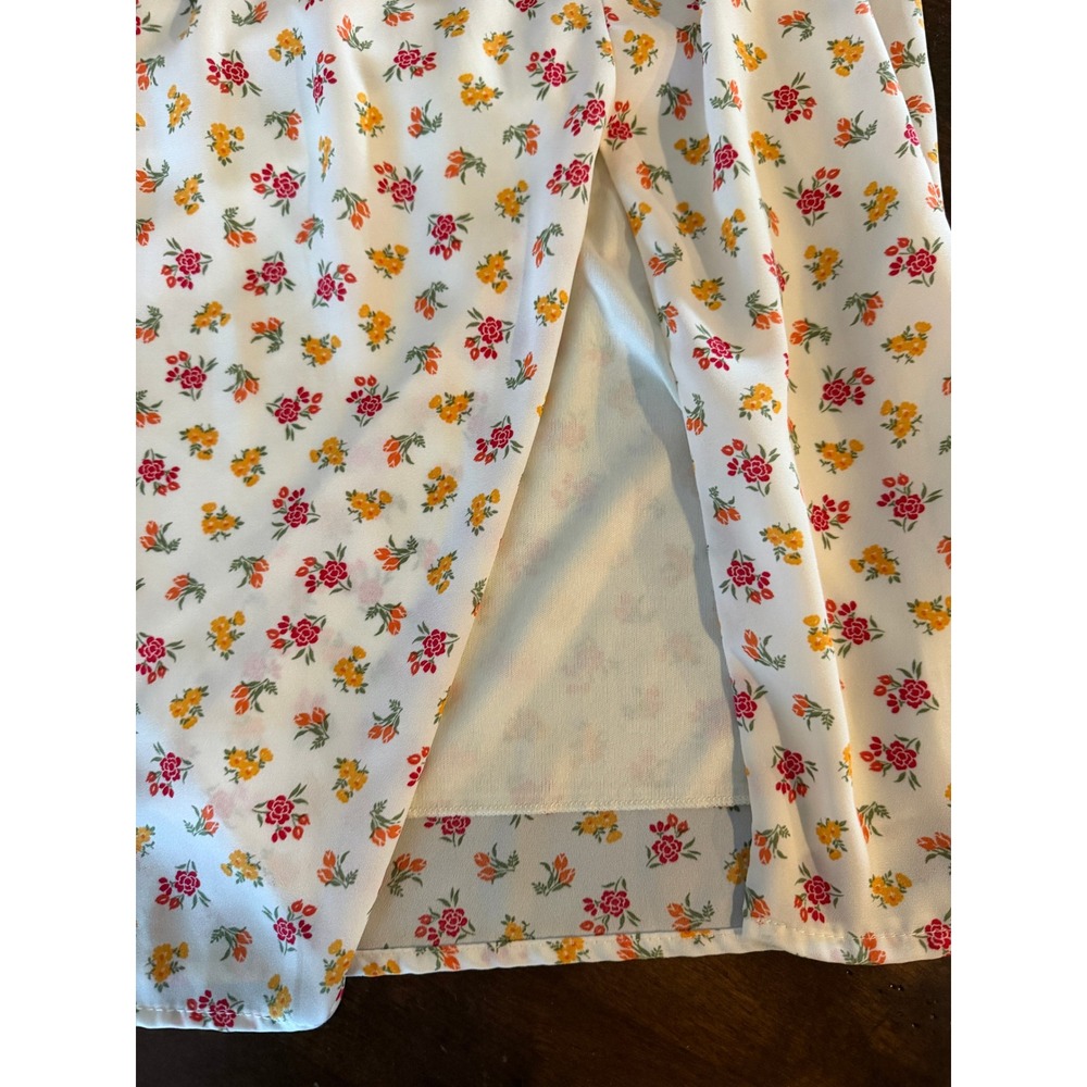 Altar'd State Floral Smocked Midi Dress Cream Red Orange Puff Sleeve Medium - Picture 4 of 5